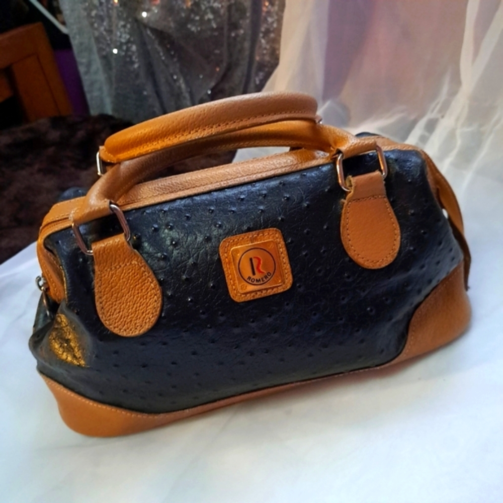 Vintage Romero Ostrich and Leather Handbag. Shoulder Bag. Bowling Bag Trending.